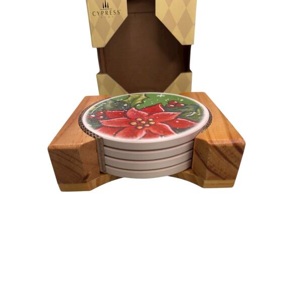 Cypress Home Absorbent Stone Coaster Set Of 4 W/ Wood Caddy “Happy Holidays” - Picture 5 of 7